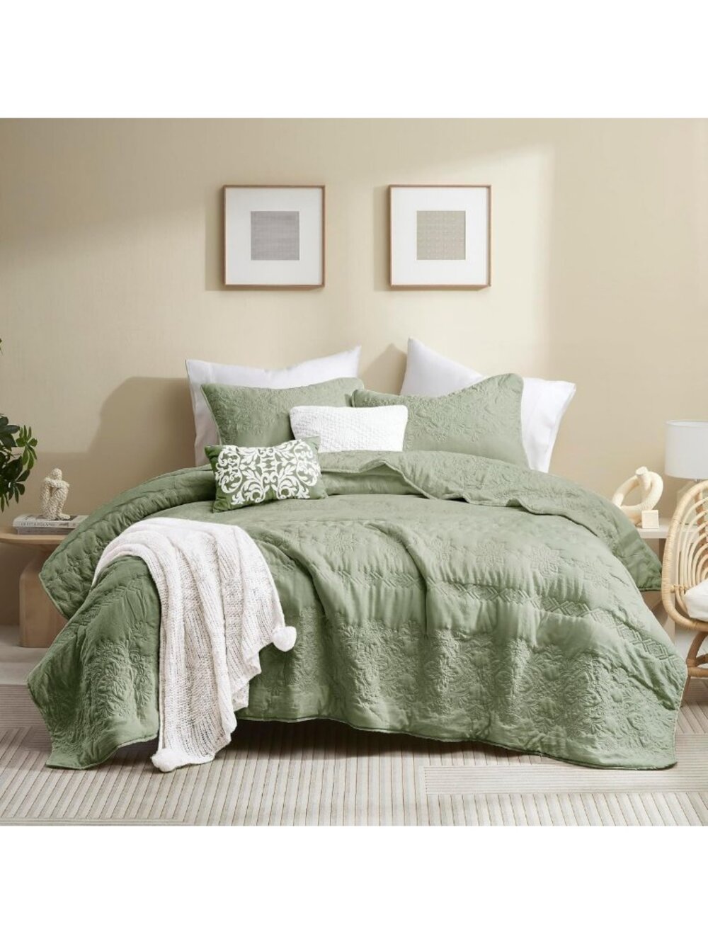 Boho Sage Green Queen Quilt Set - Lightweight Floral Comforter & Pillow Shams, 3